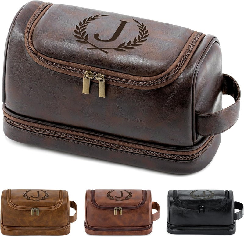 Aganmi Personalized Christmas Birthday Gifts Toiletry Bag for Men Dad Husband, Custom Initial PU Leather Waterproof Toiletry Organizer Dopp Kit Shaving Bag Travel Essential for Men, Dark Brown J - Image 1